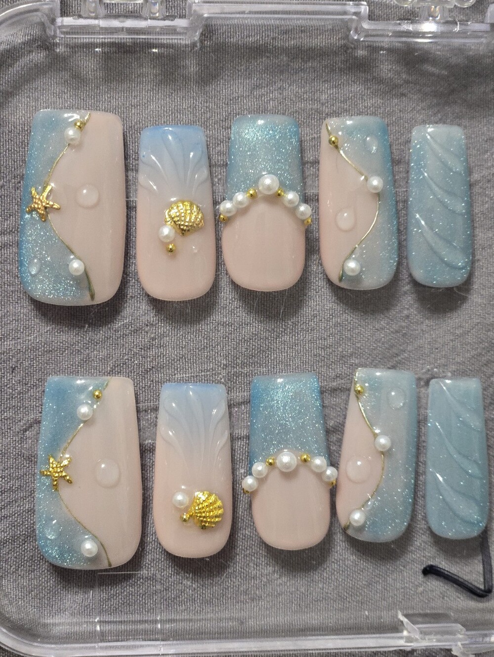 Neutral Pink & Shimmering Blue Pearl Beachy Press-On Nails, Square Medium Length